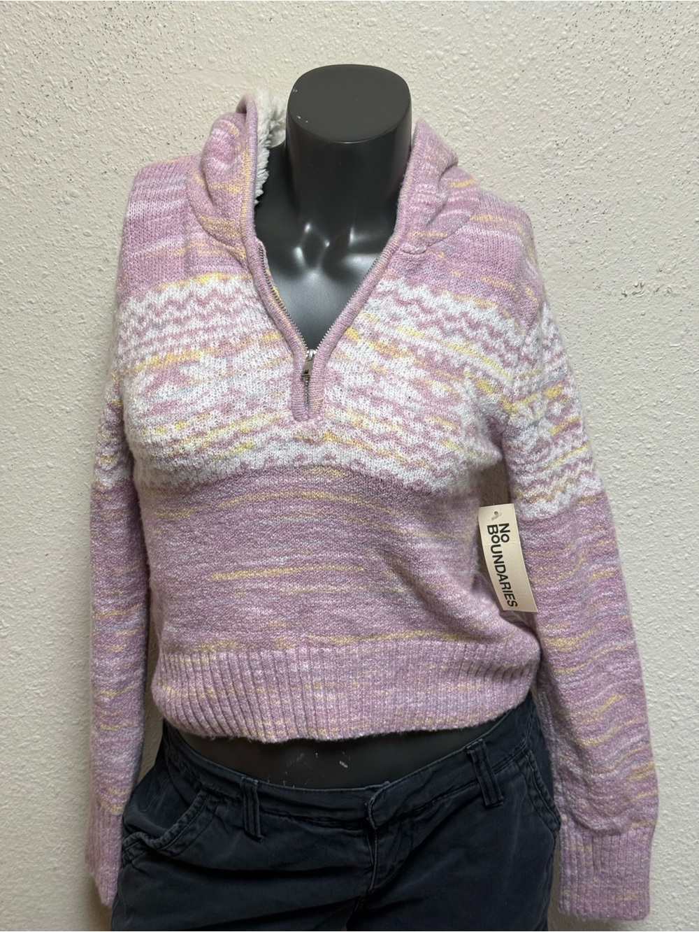No Boundaries Lavender & Yellow Cowl Half-Zip Sweater